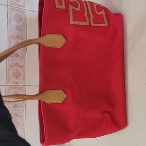 Tory Burch Tote Red with Leather logo with dust bag for interior - worn faded
